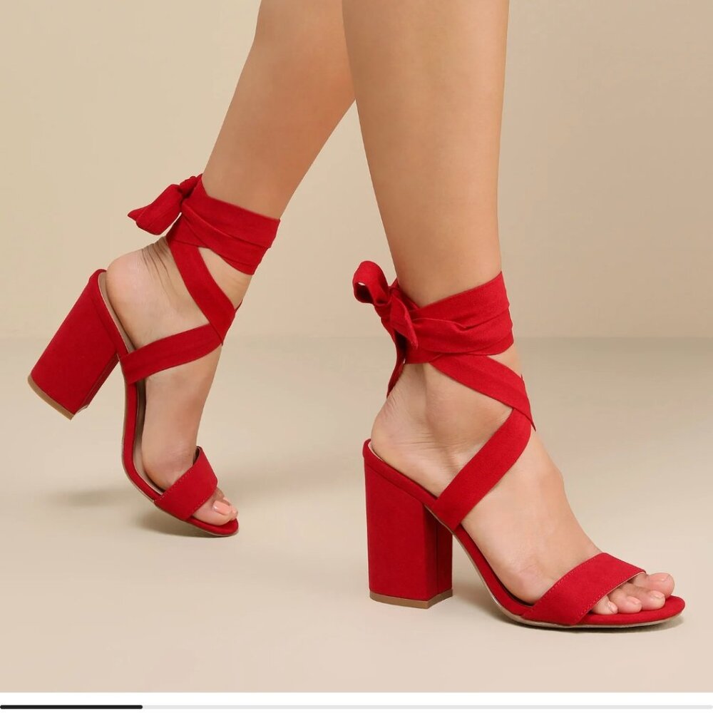 Lulus Alta Dark Red Suede Lace-Up Heels